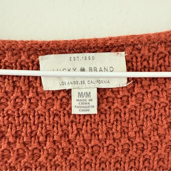 Lucky Brand Textured Knit V-Neck Sweater Rust Terracotta Cotton Blend - Picture 4 of 6